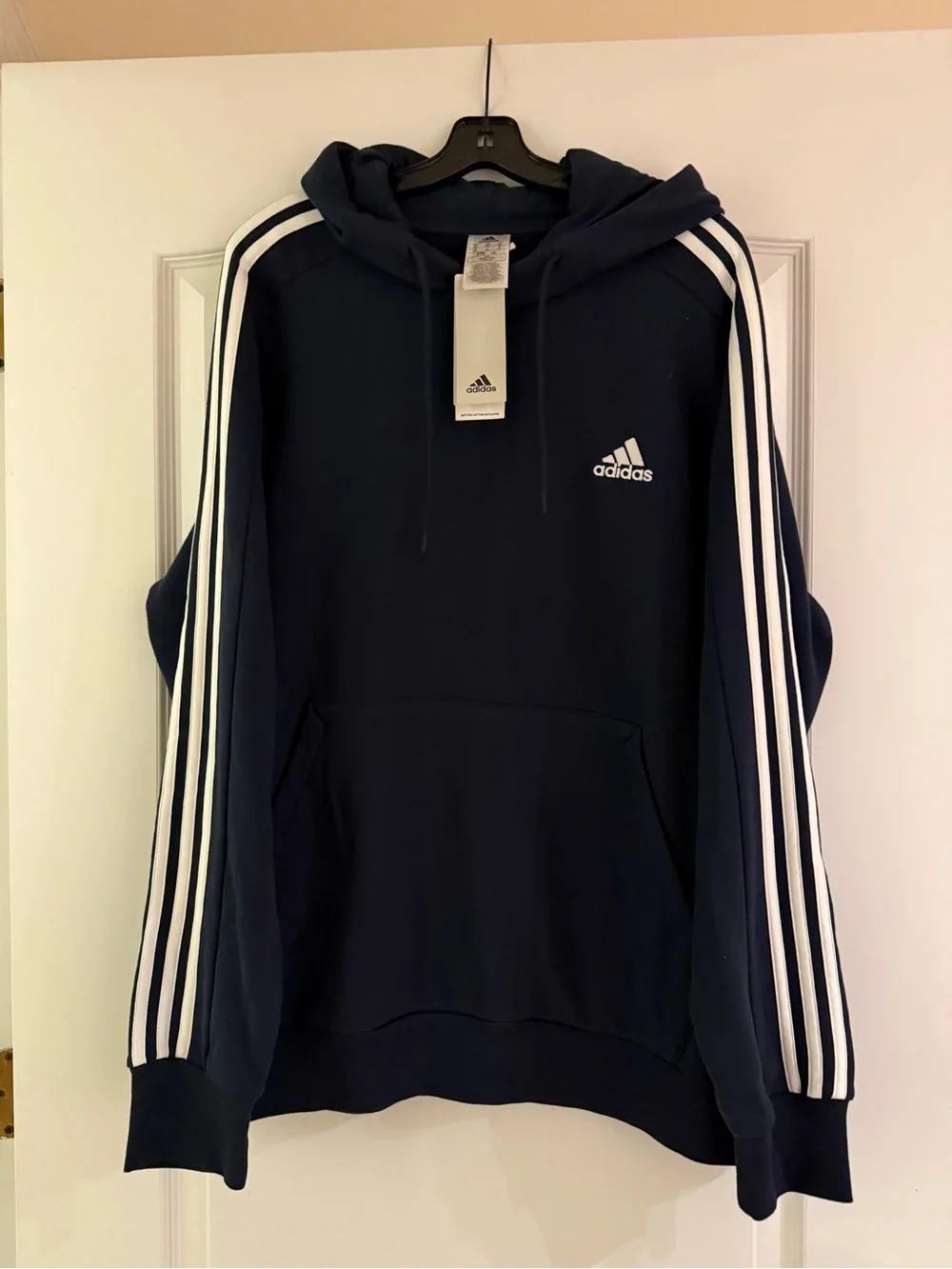 Adidas Navy Pullover Hoodie with Three-Stripe Sleeve Detail